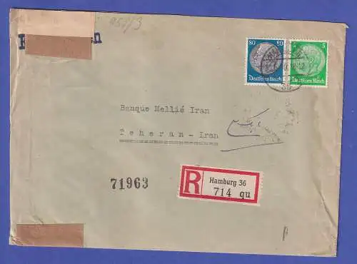 Dt. Reich 1940 Mi.-Nr. 515, 527 in MiF auf Zensur-R-Brief O HAMBURG nach Teheran
