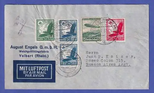 Dt. Reich 1937 Mi.-Nr. 530, 532, 535, 607 in MiF auf Luftpost-Brief O VELBERT