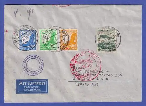 Dt. Reich 1937 Mi.-Nr. 529, 531, 536, 607 in MiF auf Luftpost-Brief O VELBERT