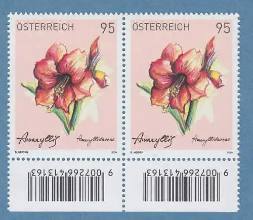 Österreich 2024 Treuebonus-Marke Amaryllis waagerechtes Unterrand-Paar **