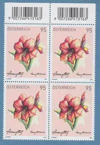 Österreich 2024 Treuebonus-Marke Amaryllis Oberrand-Viererbliock **