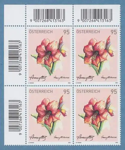 Österreich 2024 Treuebonus-Marke Amaryllis Eckrand-Viererbliock oben links **