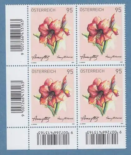 Österreich 2024 Treuebonus-Marke Amaryllis Eckrand-Viererbliock unten links **