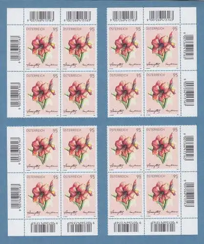 Österreich 2024 Treuebonus-Marke Amaryllis Set alle 4 Eckrand-Viererblocks **