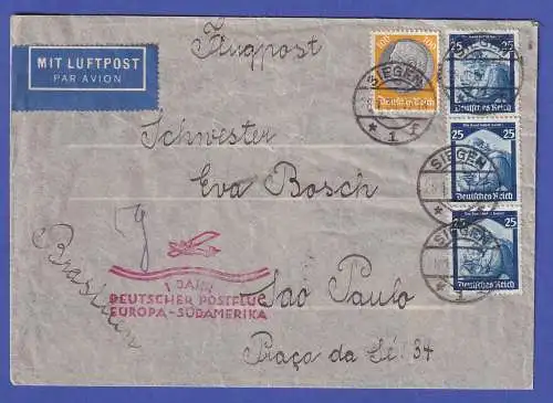 Dt. Reich 1935 Mi.-Nr. 568 senkr. Dreierstreifen in MiF auf Lp-Brief O SIEGEN 
