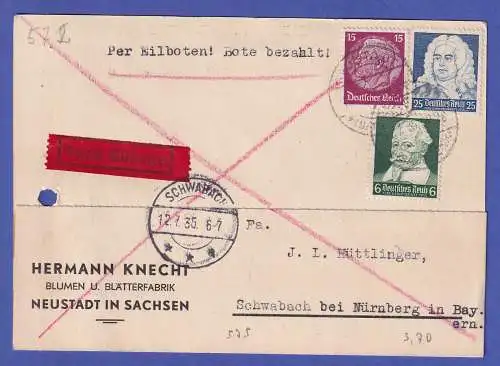 Dt. Reich 1935 Mi.-Nr. 520, 573, 575 als MiF auf Eil-Postkarte O NEUSTADT