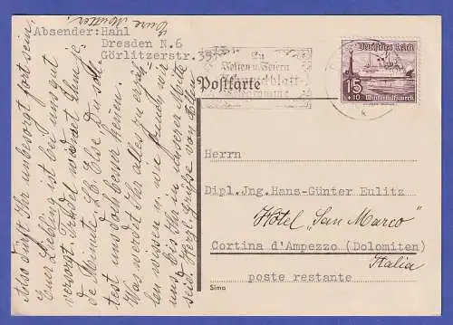 Dt. Reich 1938 Mi.-Nr. 657 auf Auslands-Postkarte O DRESDEN 