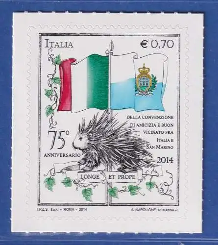 Italien 2014 Nationalflaggen von Italien und San Marino  Mi.-Nr. 3702 **