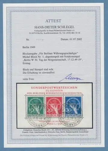 Berlin 1949 Währungsgeschädigten-Block mit ET-Sonderstempel, Attest Schlegel