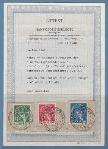 Berlin Mi-Nr. 68-70 auf 3 Briefstücken m. So-O Friedenskundgebung 1.5.50, Attest