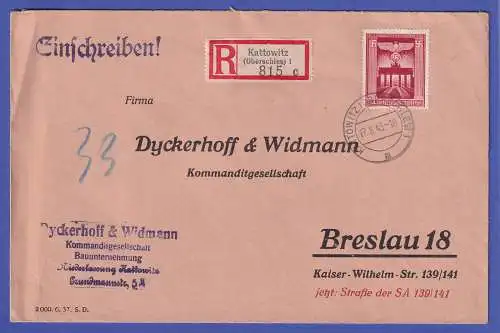 Dt. Reich 1943 Mi.-Nr. 829 als EF auf R-Brief O KATTOWITZ