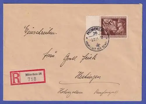 Dt. Reich 1944 Mi.-Nr. 865 Randstück auf R-Brief O MÜNCHEN