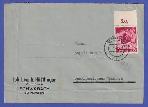 Dt. Reich 1944 Mi.-Nr. 871 Oberrandstück auf Brief O SCHWABACH