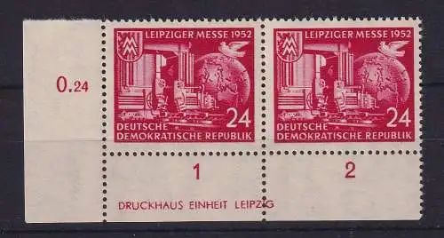 DDR 1952 Leipziger Messe Mi.-Nr. 315 X II Eckrandpaar UL mit Druckerzeichen ** 