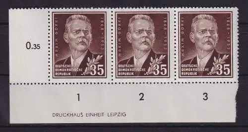 DDR 1953 Maxim Gorki Mi.-Nr. 354 Y II ER-Dreierstreifen mit Druckerzeichen ** 