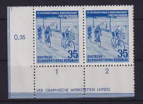 DDR 1953 Friedensfahrt Mi.-Nr. 356 Y II Eckrandpaar UL mit Druckvermerk ** 