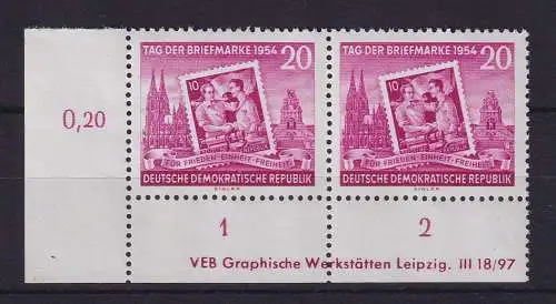 DDR 1954 Tag der Briefmarke Mi.-Nr. 445 X II Eckrandpaar UL mit Druckvermerk ** 