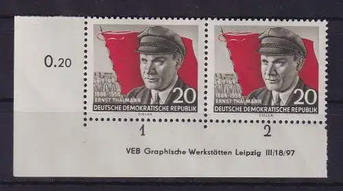 DDR 1956 E. Thälmann Mi.-Nr. 520 A X I Eckrandpaar UL mit Druckvermerk ** 
