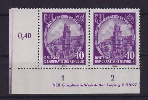 DDR 1956 Dresden Mi.-Nr. 526 Y I Eckrandpaar UL mit Druckvermerk postfrisch ** 