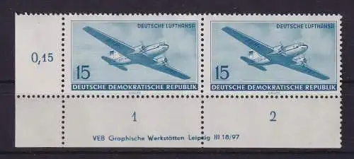 DDR 1956 Lufthansa Mi.-Nr. 514 X II  Eckrandpaar UL mit Druckvermerk **