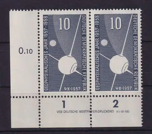 DDR 1957 Sputnik Mi.-Nr. 603  Eckrandpaar UL mit Druckvermerk postfrisch **