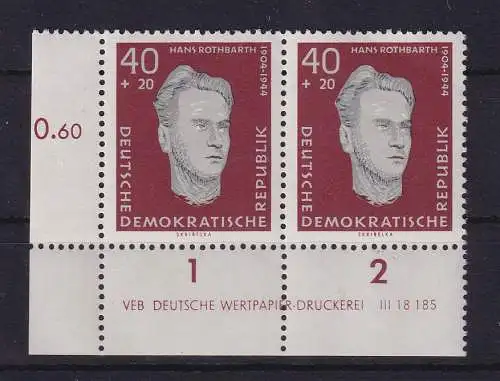 DDR 1960 H. Rothbarth Mi.-Nr. 756 X Eckrandpaar UL mit Druckvermerk **