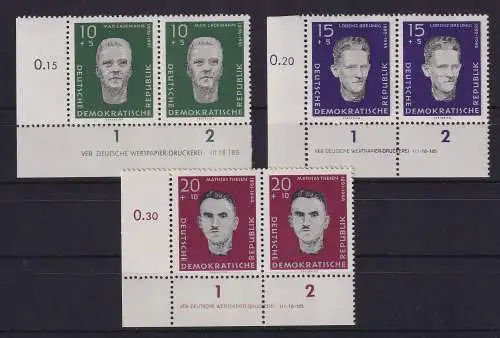 DDR 1960 NS-Opfer Mi.-Nr. 765-767 Eckrandpaare UL mit Druckvermerk postfrisch **