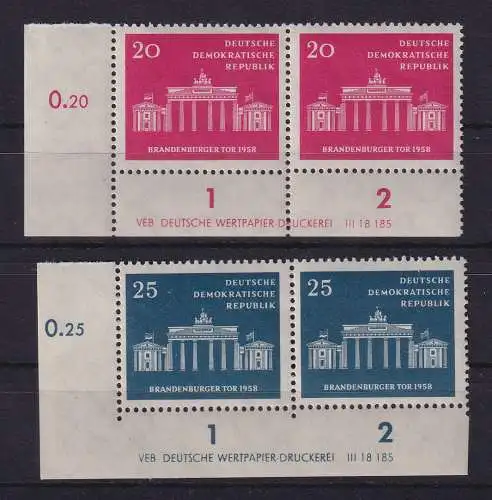 DDR 1958 Brandenburger Tor Mi.-Nr. 665-666 Eckrandpaare UL mit Druckvermerk **