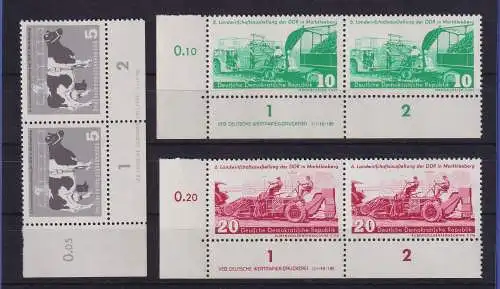 DDR 1958 Landwirtschaft Mi.-Nr. 628-630 Eckrandpaare UL mit Druckvermerk **