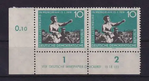DDR 1959 Rosa Luxemburg Mi.-Nr. 674 Eckrandpaar UL mit Druckvermerk **
