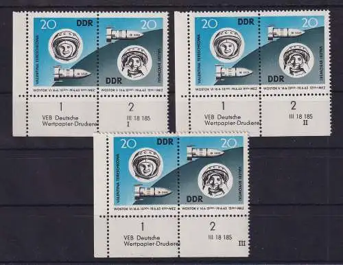 DDR 1963 Raumfahrt Mi.-Nr. 970-971 I - III  Eckrandpaare UL mit Druckvermerk **