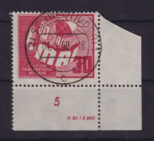 DDR 1950  1. Mai  Mi-Nr. 250 DV Eckrandstück UR mit Ersttags-O 01.5.50