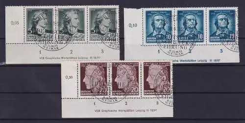 DDR 1955 Schiller Mi-Nr. 464-466 DV Eckranddreierstreifen UL mit So.-O