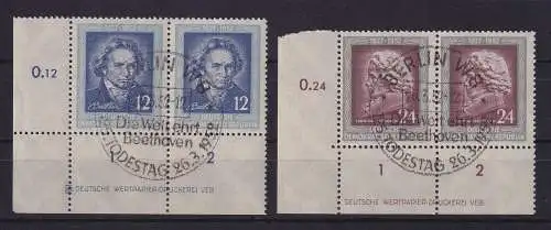 DDR 1952 Beethoven Mi-Nr. 300-301 DZ Eckrandpaare UL mit Ersttags-O 26.3.52