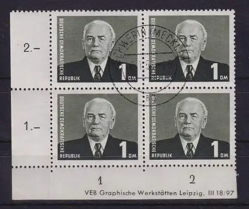 DDR 1953 Wilhelm Pieck Mi-Nr. 342 ba II X II DZ Eckrandviererblock UL gestempelt