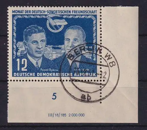 DDR 1951 Deutsch-Sowjet. Freundschaft Mi-Nr. 296 DV Eckrandstück UR gestempelt