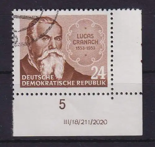 DDR 1953 Lucas Cranach d. Ä. Mi-Nr. 384 X II DV Eckrandstück UR gestempelt