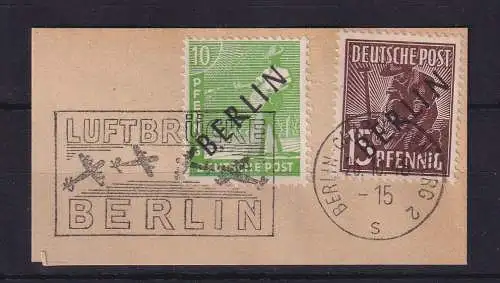 Berlin 1948 Schwarzaufdruck  Mi-Nr. 4 und 6  O auf Briefstück