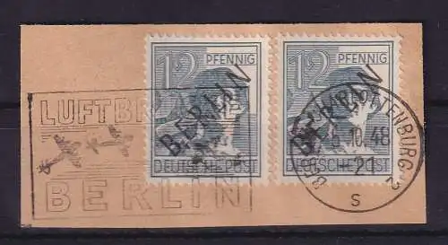 Berlin 1948 Schwarzaufdruck 12 Pf  2 Stück Mi-Nr. 5  O auf Briefstück