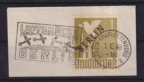 Berlin 1948 Schwarzaufdruck 1 Mark  Mi-Nr. 17  O auf Briefstück