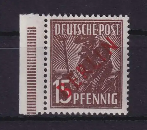 Berlin 1949 Rotaufdruck 15 Pf Mi.-Nr. 25 Randstück ** gpr. SCHLEGEL BPP