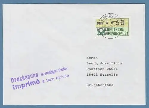 NAGLER-ATM Mi.-Nr. 1.2 Wert 60 auf Drucksache nach Griechenland, FDC 14.4.92