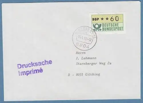 NAGLER-ATM Mi.-Nr. 1.2 Wert 60 auf Drucksache, FDC Dinkelsbühl 14.4.92