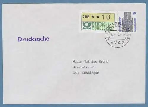 NAGLER-ATM Mi.-Nr. 1.2 Wert 10 in MIF auf Drucksache, FDC Bad Königshofen14.4.92