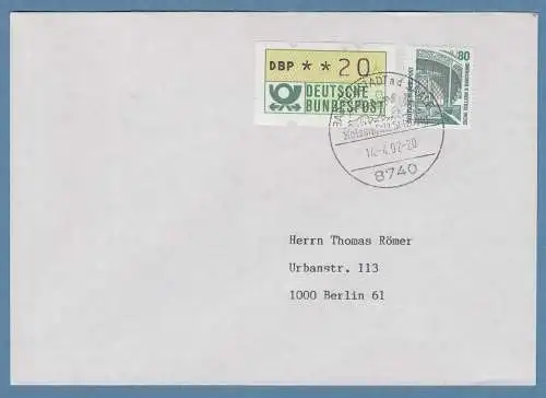 NAGLER-ATM Mi.-Nr. 1.2 Wert 20 in MIF auf Drucksache, FDC Bad Neustadt 14.4.92