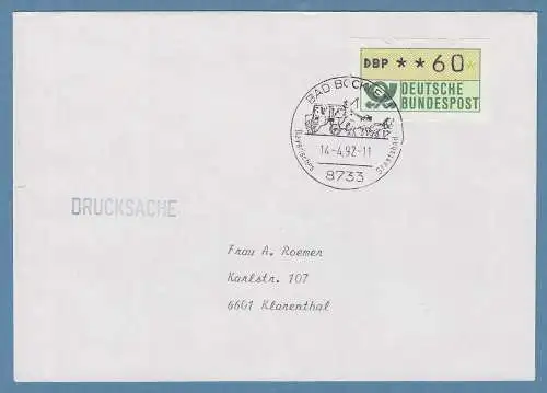 NAGLER-ATM Mi.-Nr. 1.2 Wert 60 auf Drucksache, FDC Bad Bocklet 14.4.92