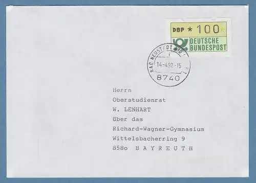 NAGLER-ATM Mi.-Nr. 1.2 Wert 100 auf Brief nach Bayreuth, FDC Bad Neustadt14.4.92