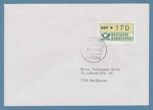NAGLER-ATM Mi.-Nr. 1.2 Wert 170 auf Doppelbrief, FDC Dinkelsbühl 14.4.92