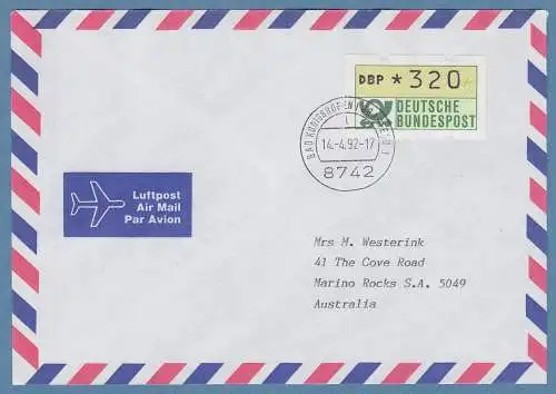 NAGLER-ATM Mi.-Nr. 1.2 Wert 320 auf Lp-Brief n. Australien, FDC Bad Königshofen