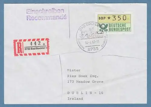 NAGLER-ATM Mi.-Nr. 1.2 Wert 350 auf R-Brief n. Irland, FDC Bad Bocklet 14.4.92